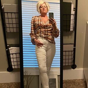 Cabi asymmetrical plaid blouson blouse